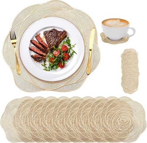 Lyellfe Set of 10 Gold Pressed Vinyl Placemats 15 Inch Metallic Placemats with Coasters Non-Slip Washable PVC Chargers Placemat for Dining Table Wedding Holiday Party