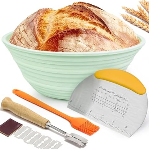 WNATN Silicone Banneton Bread Proofing Basket,9.5 Inch Sourdough Proofing Basket,Sourdough Bread Baking Supplies,Round Bread Making Tools & Starter Kit（Green） Cover