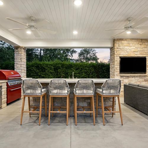 Image of PURPLE LEAF Bar Stools Set of 4 Outdoor Bar Height Metal Stools Modern Wicker Rattan Barstools with Back Aluminum Outside Garden Patio Bar Chairs, Teak