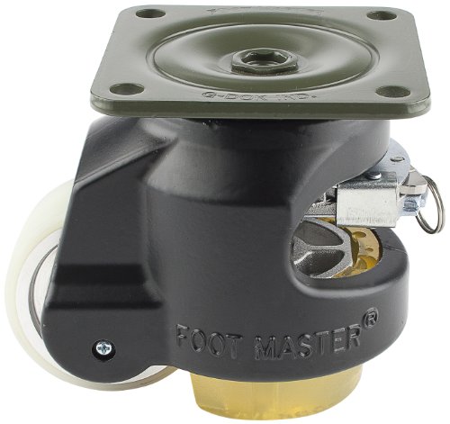 Foot Master GDR-80-F-HUP-CUR-FBL Leveling Caster, 63 mm Polyurethane Wheel, Flat Black, Height Adjustable Ratchet, Plate Mounted Swivel Caster, 500 kg Load Rating