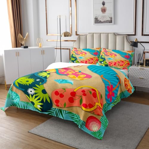 Colorful Flip Flops Bedspread Set Queen Size for Kids,Girls Beach Vacation Quilt Set Summer Tropical Bedspread Coverlet Conch Starfish Bedspread 3 Pcs Decorative Bedding Quilted with 2 Pillow Shams