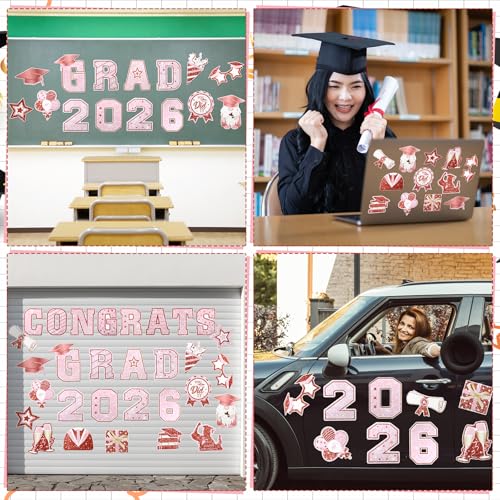 Image of Landhoow 30 Pcs Graduation Car Magnets 2026 Senior Graduation Car Decoration Bumper Sticker Congrats Grad Magnet Magnetic Refrigerator Decal for Grad Parade Party Supplies (Pink, Rose Gold)