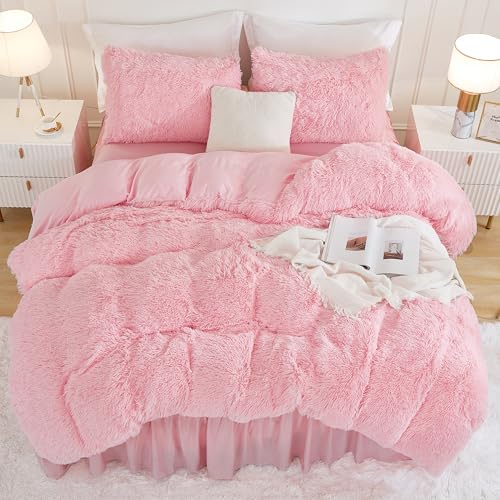 Andency Faux Fur Pink Comforter Set King Size, 3 Pieces Fluffy Fuzzy Plush Bedding Comforter Set (1 Shaggy Velvet Comforter & 2 Pillowcases), Soft Puffy Comfy Down Alternative Comforter Bedding Set