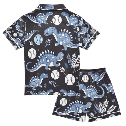 senya Dinosaur Baseball Cartoon Satin Summer Pajama Sets Silk Short Sleeve Button Down Sleepwear2