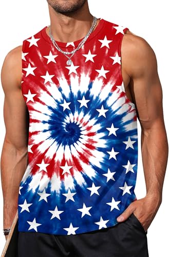 Image of Ithalt USA Tank Top Men 4th of July Patriotic Sleeveless American Flag Workout Shirt Summer Beach Independence Day