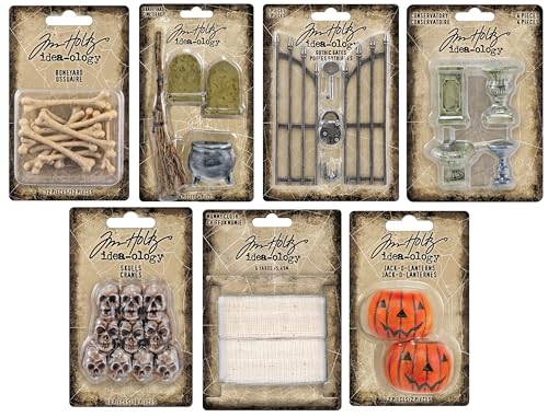 Tim Holtz Halloween 2025 Ultimate Embellishment Idea-Ology Package Mummy Cloth Graveyard Gothic Gates Boneyard Conservatory Skulls Jack OLantern 42 Pieces
