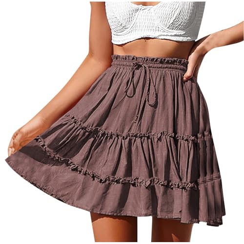 Ruffle Skirts Women Mini Summer Skirts Drawstring Elastic Waist Skirts Flowy Pleated Skirts Short Vacation Skirts