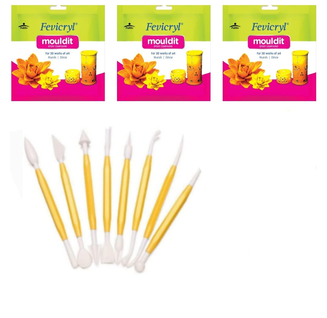 Pehrovin Venturescombo of Fevicryl Mouldit/ Mould it / Shilpkar Epoxy Compound (3 packets of 50 gm each) + Clay tools/modelling tools/ sculpting tools(Set of 8 double ended tools) for art and craft