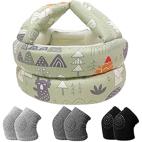 IULONEE Infant Helmet & Baby Knee Pads 3 Pairs, No Bump Safety Head Cushion Protective Harnesses Cap Soft Kids Head Shape Helmet for Running Walking Crawling (Colorful Tree) Cover