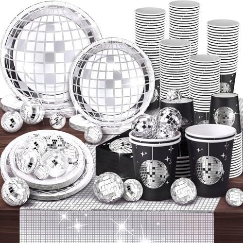 Assiettes en carton disco Marsui : lot de 121 pièces avec gobelets et serviettes de fête