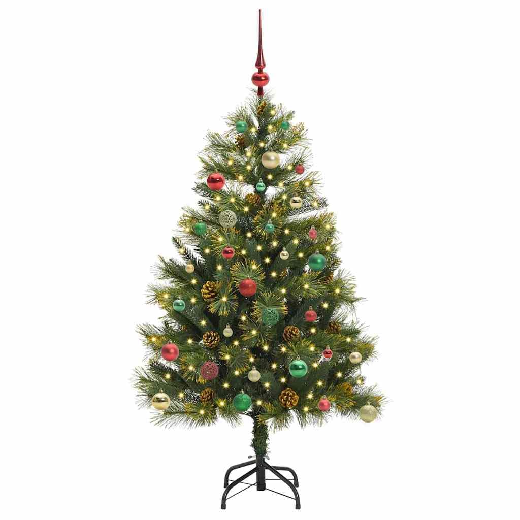 Albero di Natale artificiale pieghevole 150 cm, sottile, con pigne e luci LED bianco caldo, per interni ed esterni, in PVC e metallo