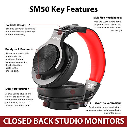 Image of CLAW SM Professional Studio Monitoring DJ Wired Over Ear Headphones with 2 Detachable Cables (2.8m Coiled Cable & 1.2m Straight Cable with Mic and in-line Controls) (SM50 RD)