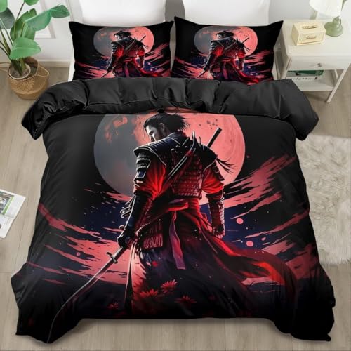 PNHCL Housse de Couette 240x260 cm 2 Personne Housse de Couette Samouraï Lune Rouge Microfibre, Parure de Lit Adulte Style Japonais Fermeture éclair avec 2...
