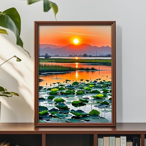 Image of Diamond Art Kits for Adults Landscape, 5D DIY Diamond Painting Kits for Adults Beginners, Lotus Pond Sunset Diamond Dots Full Drill Crafts for Gem Art for Relaxing Home Wall Decor 12x16 inch