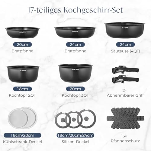 Topfset mit Abnehmbarer Griff, 17-Teilig Topfsets Pfannenset mit Keramik Antihaft Beschichtet, Topfset Induktion Kochtopf Set mit Deckel 2