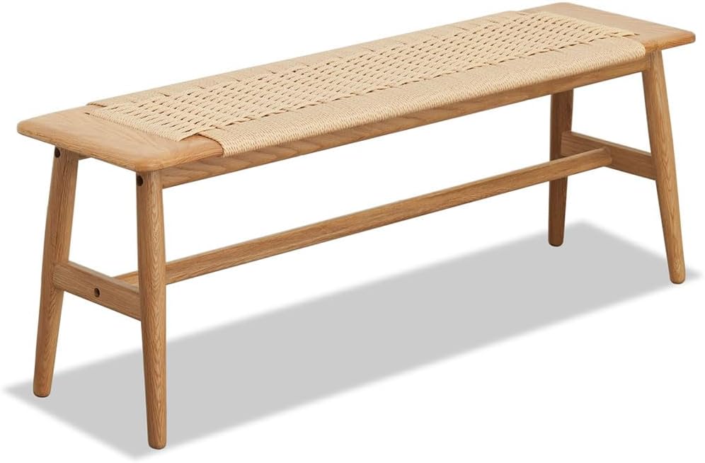 32" Rattan Bench, 100% Solid Oak Wood Bench with Solid Structure of Chair Legs and Hand Woven Bench Surface Design for Bedroom End of Bed,Kitchen, Foyer, Easy to Assemble