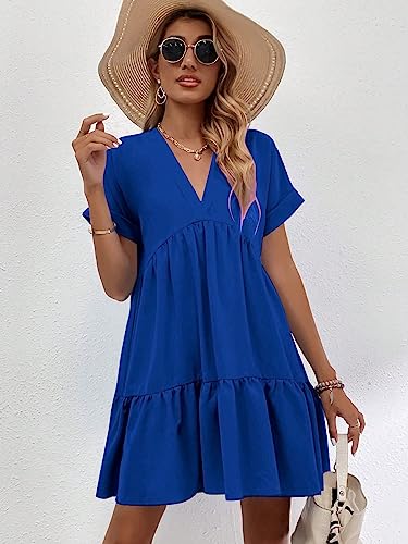 Image of WDIRARA Women's Roll Up Short Sleeve V Neck Ruffle Hem Solid Swing Smock Dress