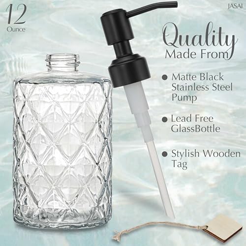 Image of JASAI Diamond Design 12 Oz Glass Soap Dispenser with Black Pump | Small Hand soap Dispenser with Rust Proof Pump, Bathroom Soap Dispenser for Hand Soap, Liquid Soap, Dish Soap.