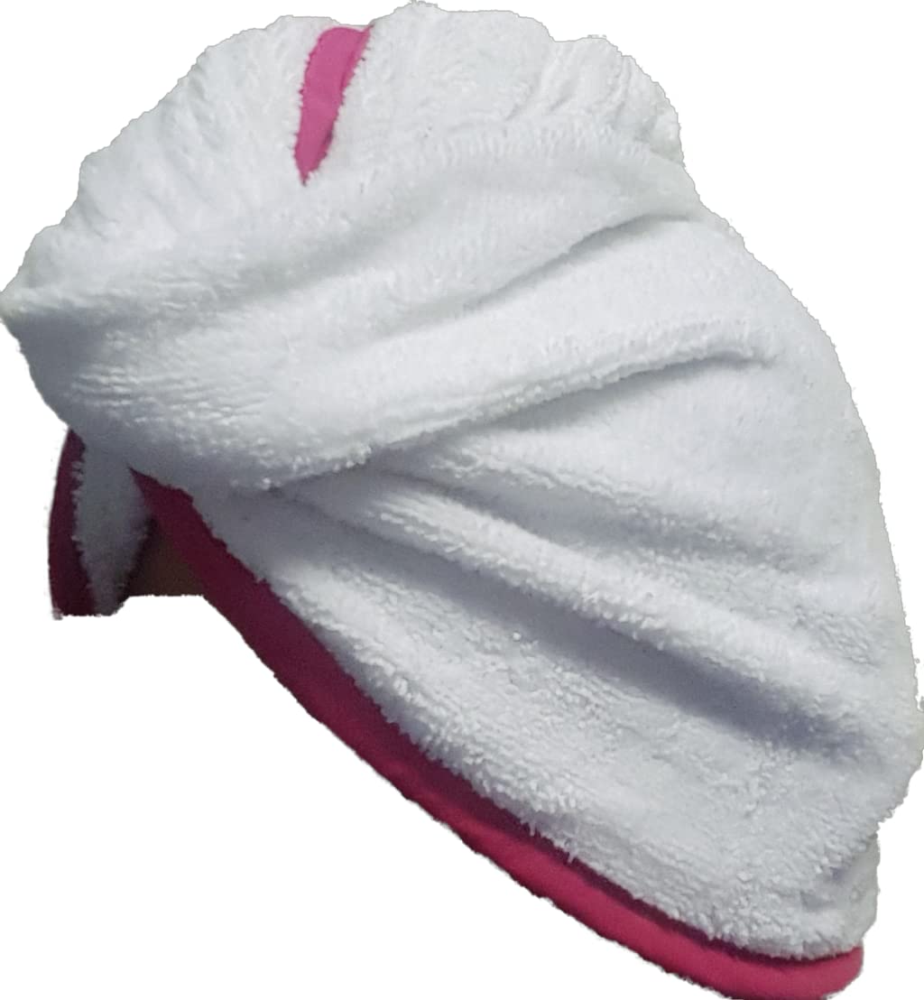 Vitalmark 100% Cotton Hair Towel Head Turban - Easy Quick Drying - Super Absorbent - Simple Loop Button Fastener - Hat Cap for Swimming Spa Pool (White), M