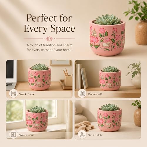 Image of Habere India-All the Cultures Fabricating India Pichwai Art Hand Painted Terracotta Planter | Pink Lotus Floral Indoor Plant Pot | Breathable Clay Pot with Drainage Hole (Pink: L12 x W12 x H10 cm)