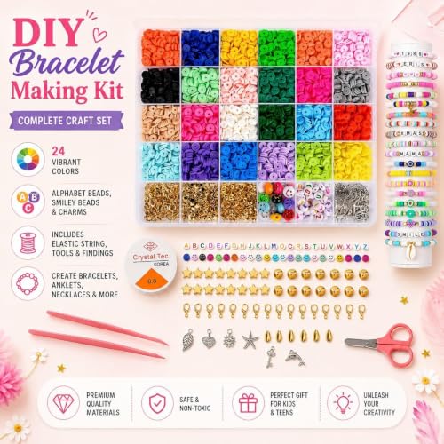 Image of ZORVO Bracelet Making Set, Clay Beads Kit, Macaron Color Beads for Bracelet Making for Girls Kids, Letter Beads with Unicorn Pendants, Crystal Star Flower Hair Beads Set for DIY Jewellery Crafts (Old Bracelet Kit)