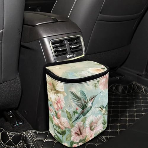 Image of Talayituse Hummingbird Hibiscus Print Car Trash Can with Adjustable Straps, Foldable Car Trash Bag Bin Car Garbage Bag Multipurpose Storage Box for Vehicle Travel Camping Picnicing