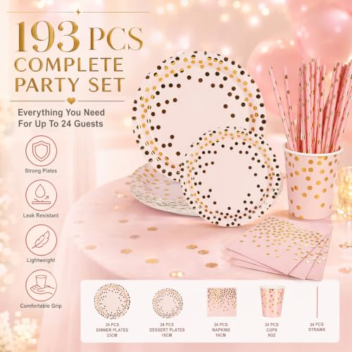 Nkaiso 193 Stück Rosa und gold Pappteller Partygeschirr Set -24 Gäste – Ansicht 3