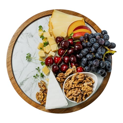 Rickby, 12" Premium Acacia Wood Lazy Susan Turntable for Table Top with Removable Marble Texture Glass Plate, Wooden Lazy Susan for Dining Table Centerpiece & Kitchen Countertop by Rickby - Used condition - US$15.85