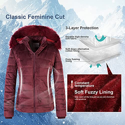 Chrisuno Ladies Winter Coats Windproof Soft Fleece Lining Jacket With Detachable Faux Fur Hood M Burgundy #TOP3