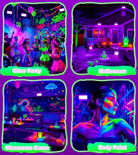 Image of TigQiang 50W 6 Pack Black Light Glow in Dark Party, Blacklight Halloween | IP66 LED Outdoor Blacklights Flood Light for Body Paint, Room, Fluorescent Poster, Neon Decor, 6Ft & Plug & Switch, 385-400nm