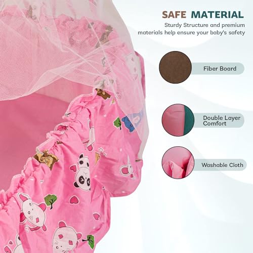 Image of BAYBEE Cradle for New Born Baby with Mosquito Net & Bedding Set, Baby Jhula, Thottil, Infant Uyyala, Safety Spring Palna, Cotton Sleeping Swing for Boys & Girls (Pink)