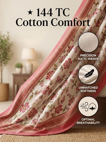 Image of Mafatlal 144 TC Heritage 100% Cotton Rajasthani Jaipuri Traditional Floral King Size Twin Bedsheet with Pillow Cover (90x60 inches)- Red