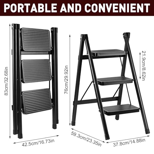 Image of 3-Step Ladder, Folding Step Stool for Kitchen /Closet /Garage, Sturdy & Lightweight Aluminum Handy Ladder, 200 lbs Capacity, Anti-Slip Pedals, Compact & Portable for Home DIY & Everyday Tasks