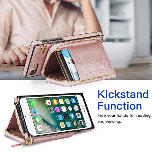 Defbsc Zipper Wallet Iphone 8 Case, Iphone 7 Case, Iphone Se 2020/ Se 2022 Case, Pu Square Wallet Case With Crossbody Chain Credit Card Holder Slot Shoulder Handbag Purse Wrist Strap Case(Rose Gold) #TOP1