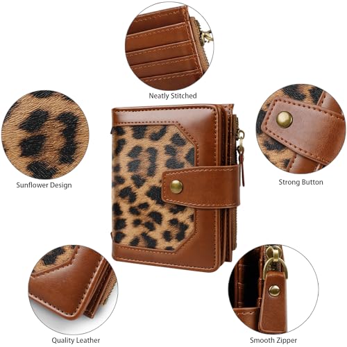Image of Women Leather Wallet RFID Blocking Small Bifold Zipper Pocket Wallet Card Case Purse with ID Window, Leopard