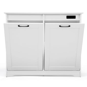 Wooden Tilt Out Trash Cabinet Kitchen Trash Can Rack Recycling Bucket, 2 Hidden Garbage Cabinets with Angle Adjustable Door, Each Holds Within 13 GallonsNot Included, White
