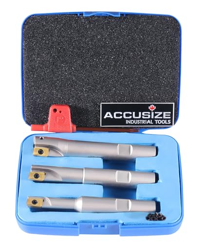 Accusize Industrial Tools 3 Pc 90 Degree Indexable End Mill Set with Apkt11t3 Inserts, Cutter Diameter Includes 3/8'', 1/2'' and 5/8'', 0028-8308