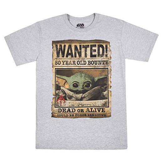 STAR WARS Men's Baby Yoda Child Mandalorian Wanted Poster T-Shirt Heather Grey
