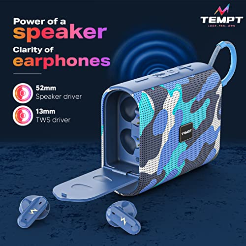 Image of TEMPT Juggler Bluetooth Speaker with in-Built TWS Earbuds, 52mm Wireless Speaker Bass Drivers, 13mm Ear Buds Drivers, Type C Charging Jack, Lightweight & Portable Mini Soundbox, BT V5.3 (Army Blue)