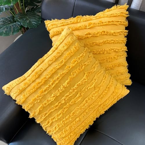 Image of mosey Boho Cushion Covers 20 inch x 20 inch Set of 2 | Pure Cotton 20x20 inch Cushion Cover 2020 | Soft Square Throw Pillow Cover 50 x 50cm for Sofa | Yellow