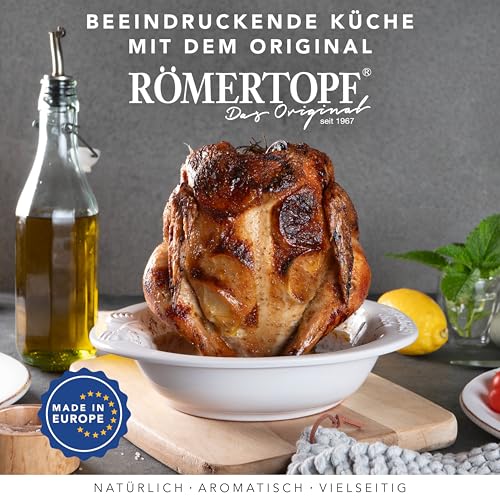 Römertopf Hähnchenbräter CHICO – Hähnchenhalter mit Aromabehälter aus Naturton – 25 cm – für Hähnchen & Ente bis 2 kg – Hähnchen Grill Halter für Backofen & Grill