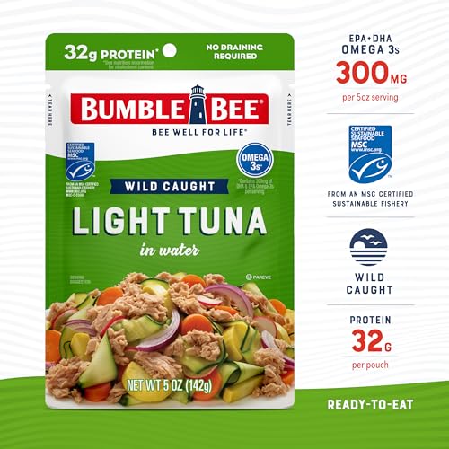 Image of Bumble Bee Chunk Light Tuna in Water, 5 oz Pouch | Wild Caught Tuna, Ready to Eat, 32g Protein per Packet, Non-GMO, Gluten Free, Kosher, MSC Sustainable Seafood
