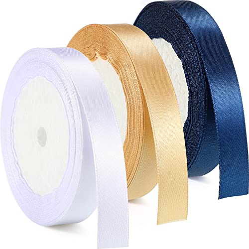 Senngo 3 Rolls Graduation Ribbon Class of 2025 Double Face Satin Ribbon 1/2 Inch 25 Yards Satin Ribbons for Graduated DIY Bows Party Decoration Wedding Wreath Crafts Making(White, Navy Blue, Gold)