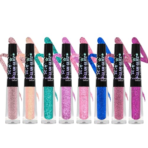Glam Lux Beauty Bundle Italia Deluxe Glam Glitz Liquid Glitter Eyeliner Set of 8 Water Resistant, Long Lasting, Multi-purpose Wear, Fine Glitter, High Shine Wear