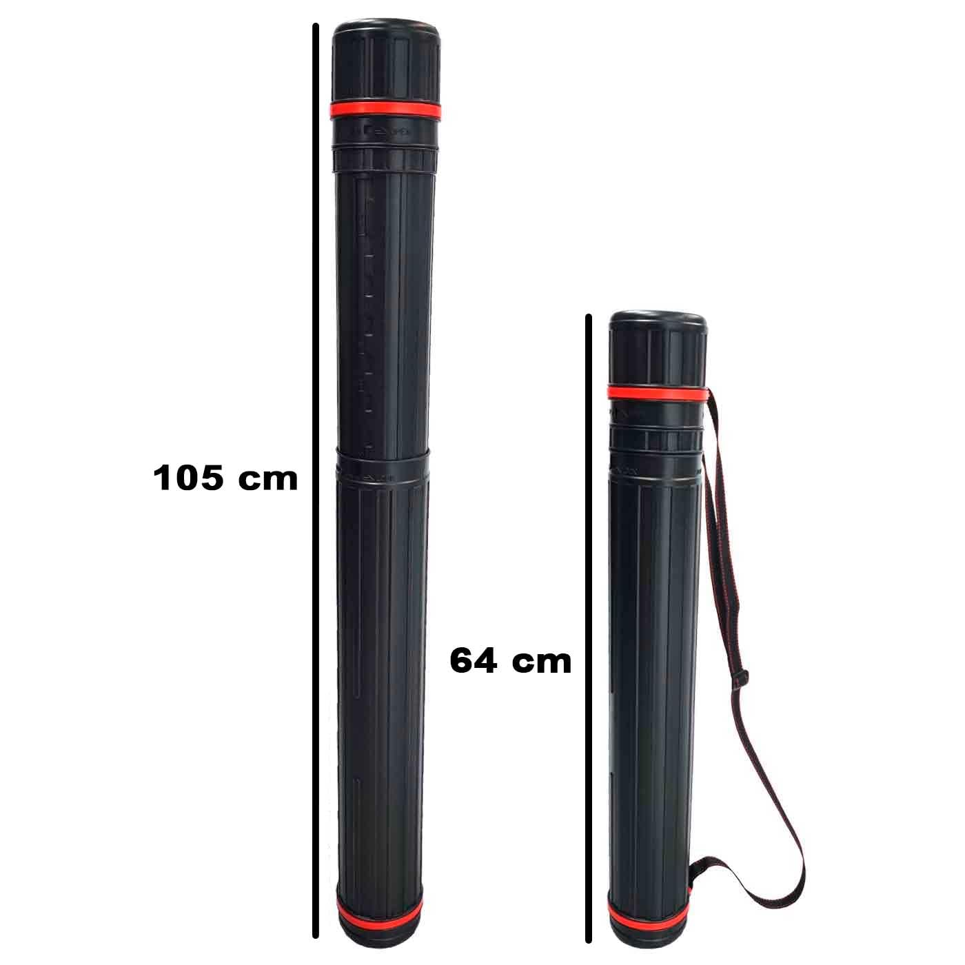 Tradineur - Tubo portaplanos de plástico, Ø 10,5 cm, extensible de 64 a 105 cm con correa de transporte, almacenamiento planos, documentos, láminas (Negro)