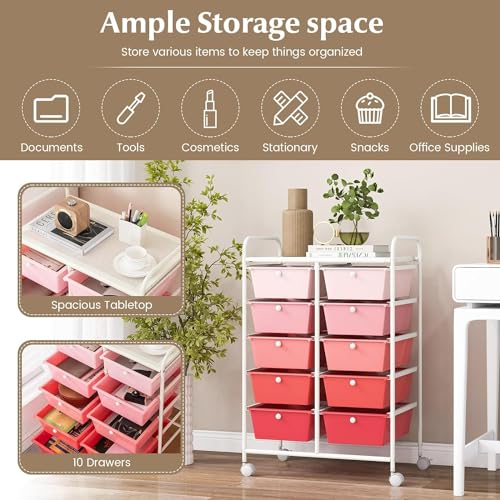 Image of LDAILY 10 Drawer Rolling Cart, Storage Cart Organizer on Wheels, Drawer Cart with Metal Frame & Large Storage Capacity, Rolling Cart with Drawers for Living Room Classroom, Office