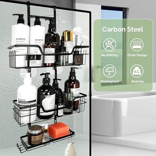 Image of amazon basics Hanging Shower Caddy for Bathroom | Bathroom Organiser Without Drill | Bathroom Accessories Storage Organizer