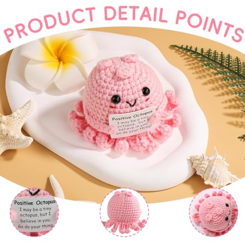 Image of Zibuyu Handmade Crochet Octopus Toys Desk Decor with Positive Message Card Cute Motivational Crochet Toys Gift for Office Home Baby Nursery, Pink