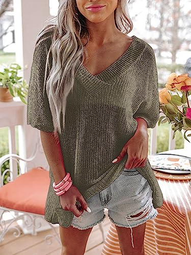 Womens V-Neck Half Sleeves Loose Summer Sweater and Lightweight Knitted Shirts Pullover Tops2