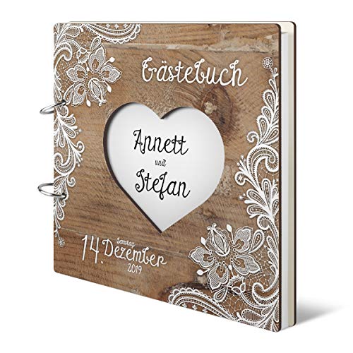 Hochzeit Gästebuch personalisiertes lasergeschnittenes Holzcover - Rustikal - 215 x 215 mm 144 Seiten Innenseiten Naturpapier Cover